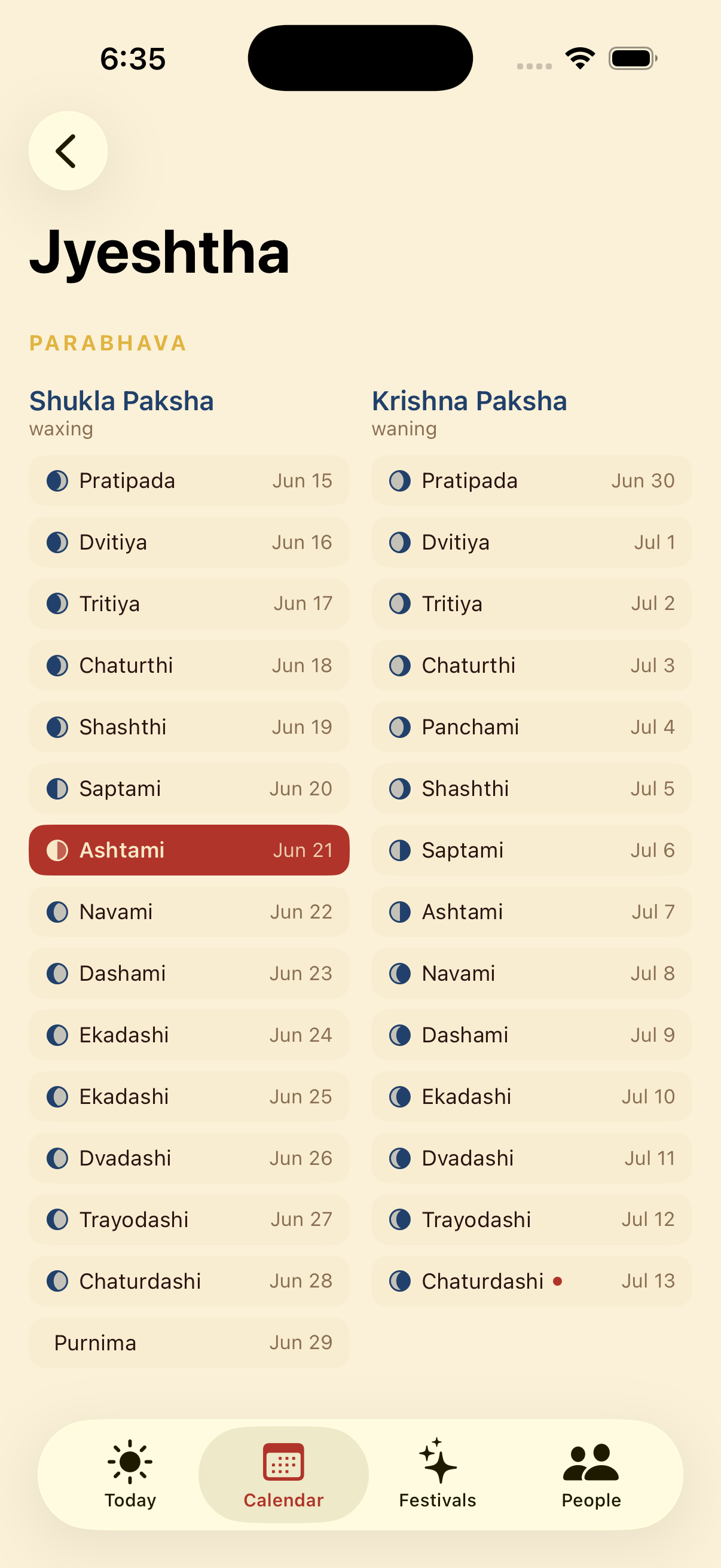 Jyeshtha masa view showing Shukla and Krishna paksha tithis with dates.